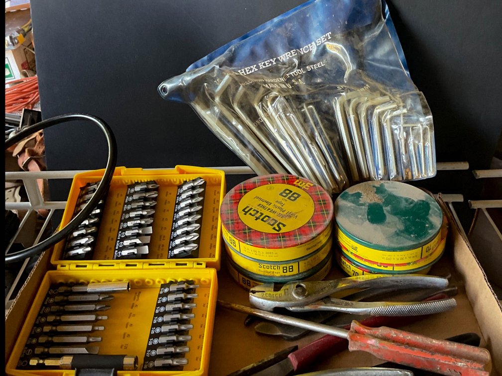 Tools Including Hex Key Wrench Set, Screwdriver Bits, and Hand Tools
