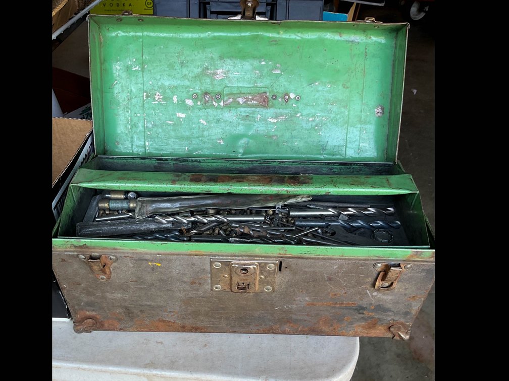 Metal Toolbox With Drill, Bits, and Electrical Components