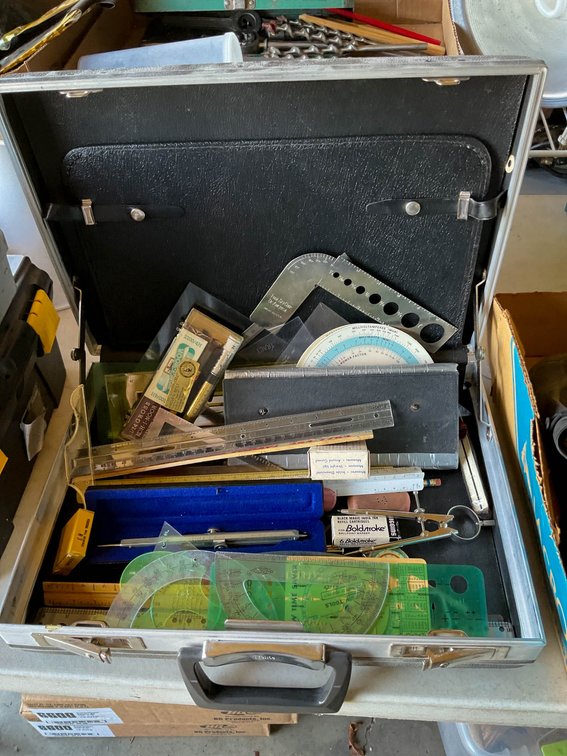 Drafting and Measuring Tools in Metal Carrying Case