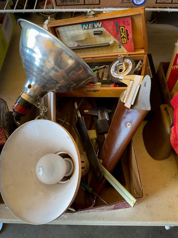 Tools and Accessories Including Lamps, Knives, and Measuring Devices