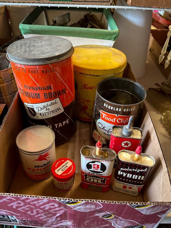 Vintage Packaging and Containers, Including Shedd’s Peanut Butter Tin and Texaco Lubricant