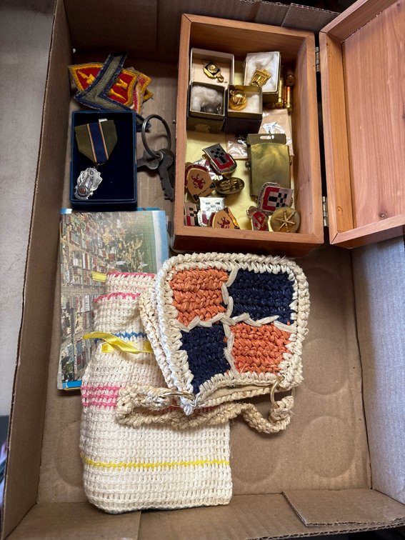 Military Pins, Medals, Postcards, and Handmade Crochet Items