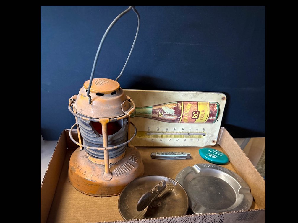 Vintage Items Including Lantern, RC Cola Thermometer, and Ashtray