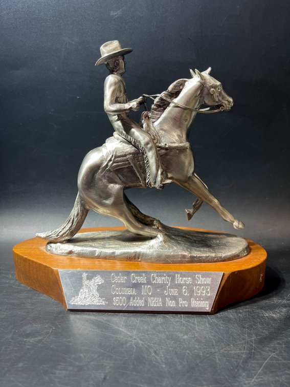 Silver-Toned Horse and Rider Trophy with Wood Base