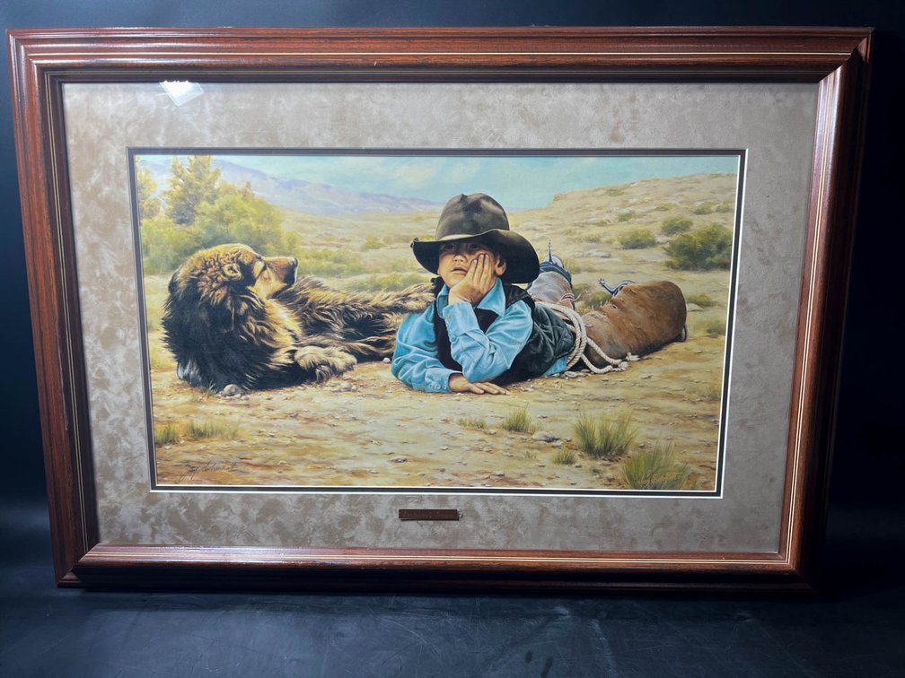 Framed Print of a Cowboy Child with Dog, 24″ X 33″