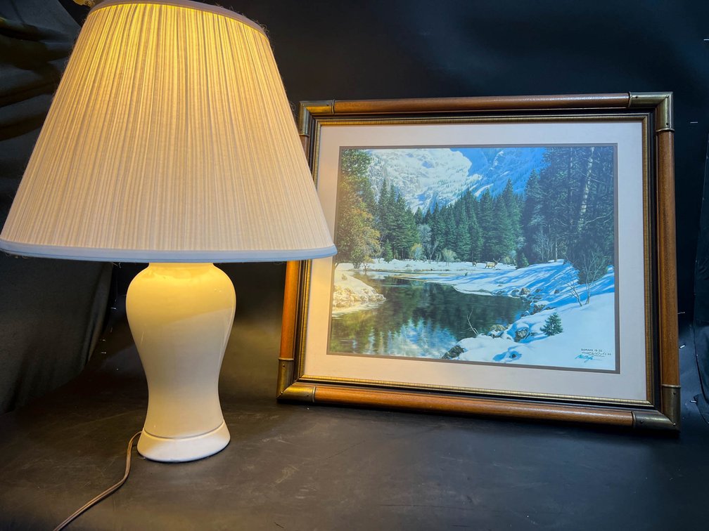 26” Ceramic Table Lamp with Shade and Framed Landscape Artwork Signed by Artist