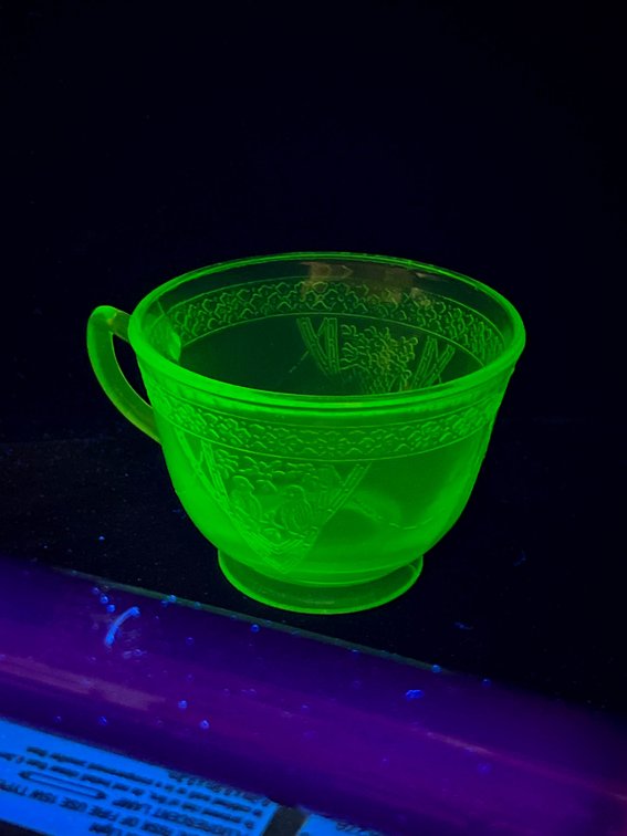 Green Uranium Glass Teacup with Etched Design and Handle