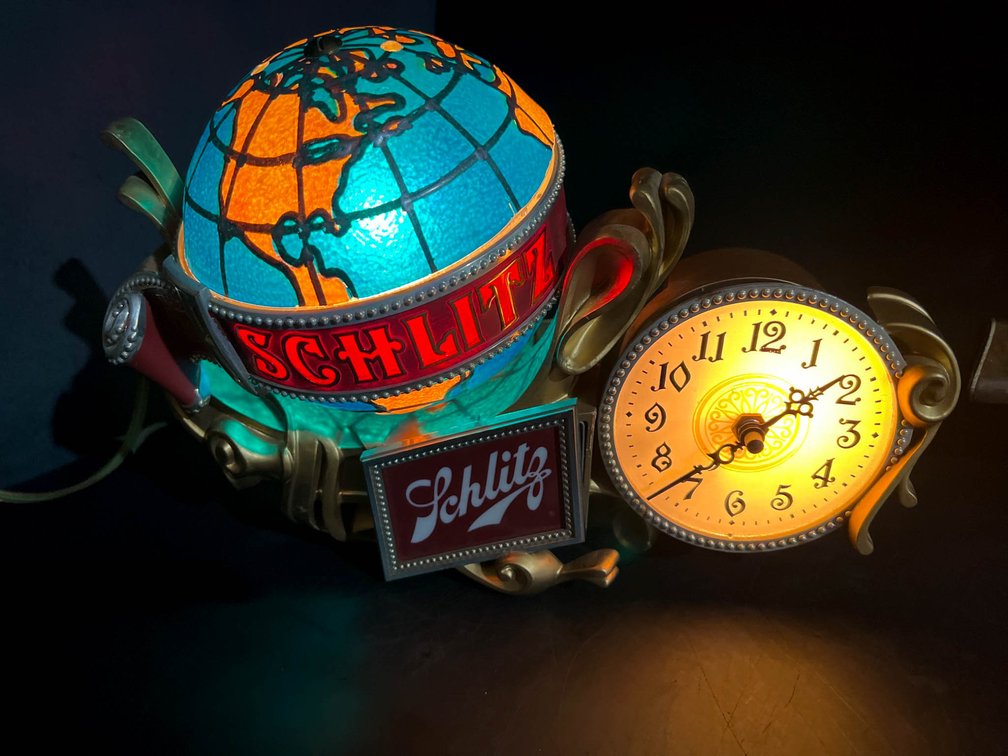 Schlitz World Globe Lighted Electric Sign with Clock