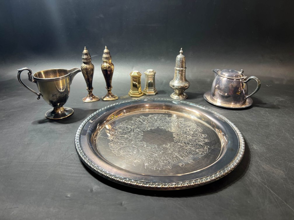 Silver-Plated Tableware Including Tray and Condiment Shakers