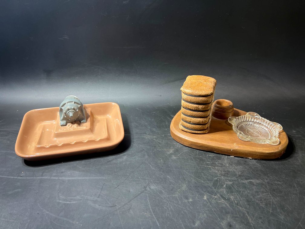 Ceramic Ash Tray With Embossed ‘Fettoscope’ and Wooden Ash Tray with Accessories