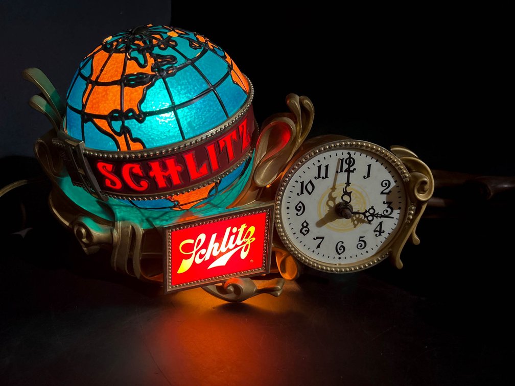 1976 Schlitz Brewing Lighted Globe and Clock Sign by Everbrite