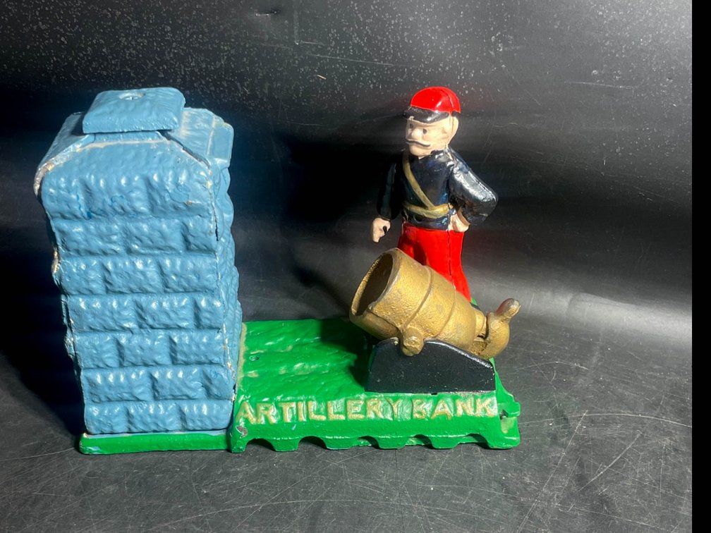 Cast Iron Mechanical Artillery Bank with Soldier