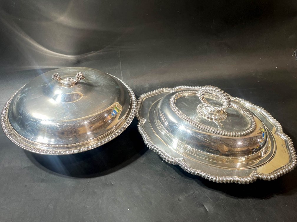Silver-Plated Covered Serving Dishes with Decorative Handles