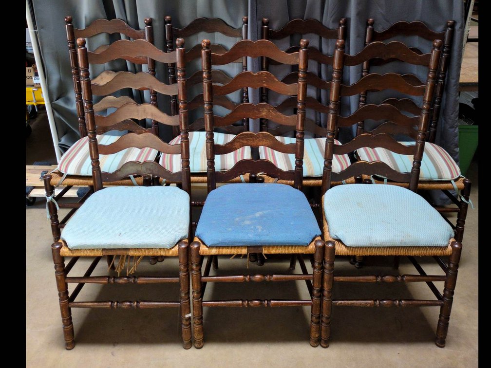 Wooden Ladder-Back Chairs With Woven Seats and Cushions