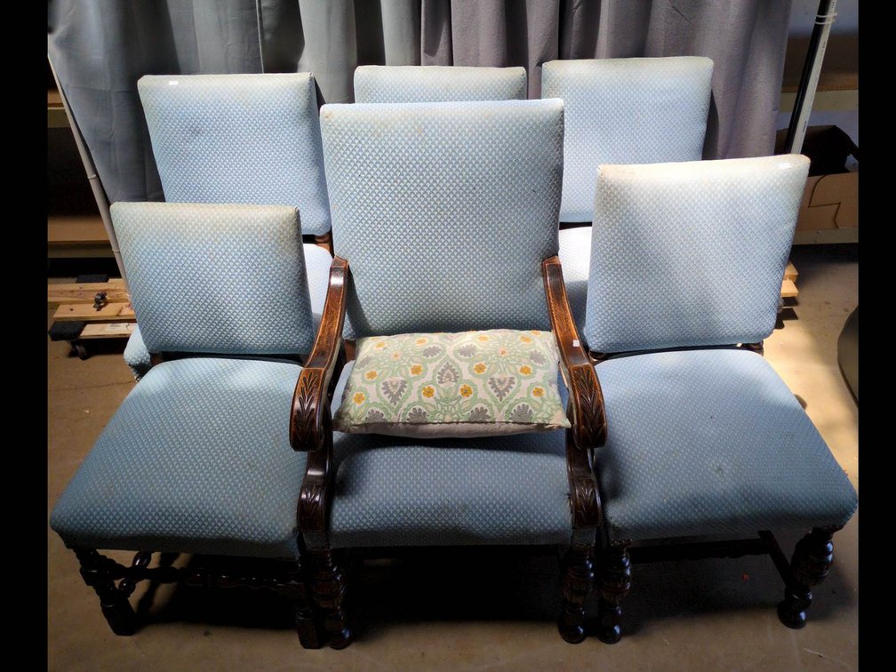 Six Upholstered Wooden Chairs with Carved King Chair and Side Chairs