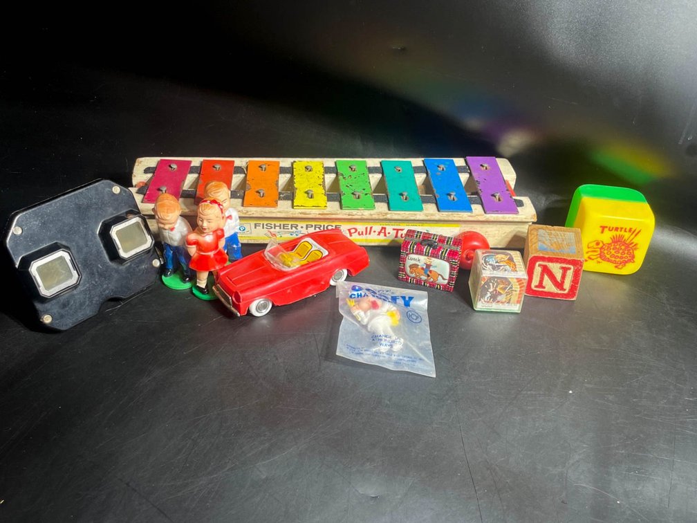 Vintage Toys and Accessories Including Fisher-Price Pull-A-Tune Xylophone