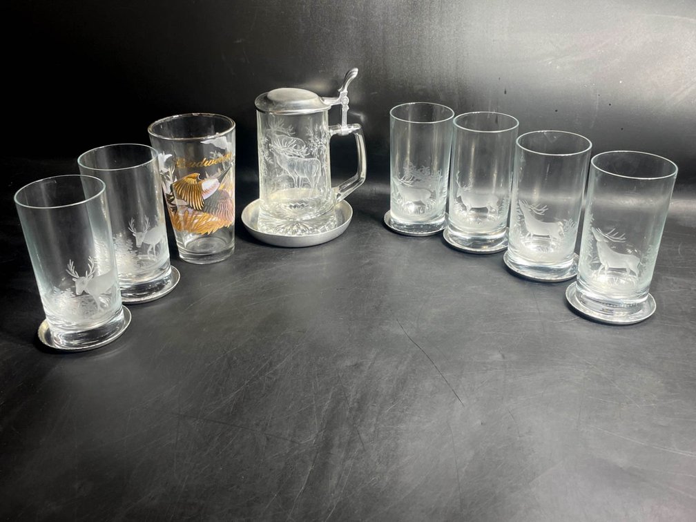 Drinking Glasses, Beer Stein, and Coasters with Wildlife Motif