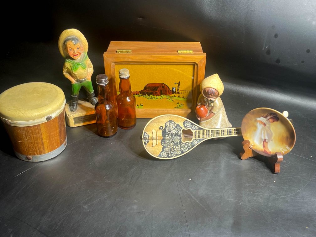 Decorative Items Including Wooden Box, Miniature Mandolin, and More