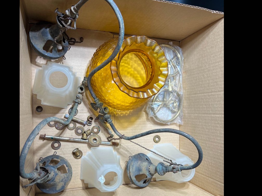 Vintage Lamp Parts Including Amber Globe and Hardware