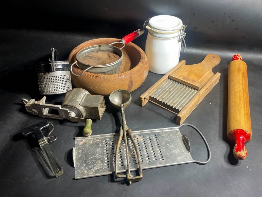 Vintage Kitchen Utensils Including Dough Bowl, Rolling Pin, and More