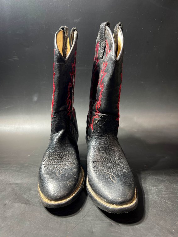 Children's Black Leather Cowboy Boots with Red Stitching Design