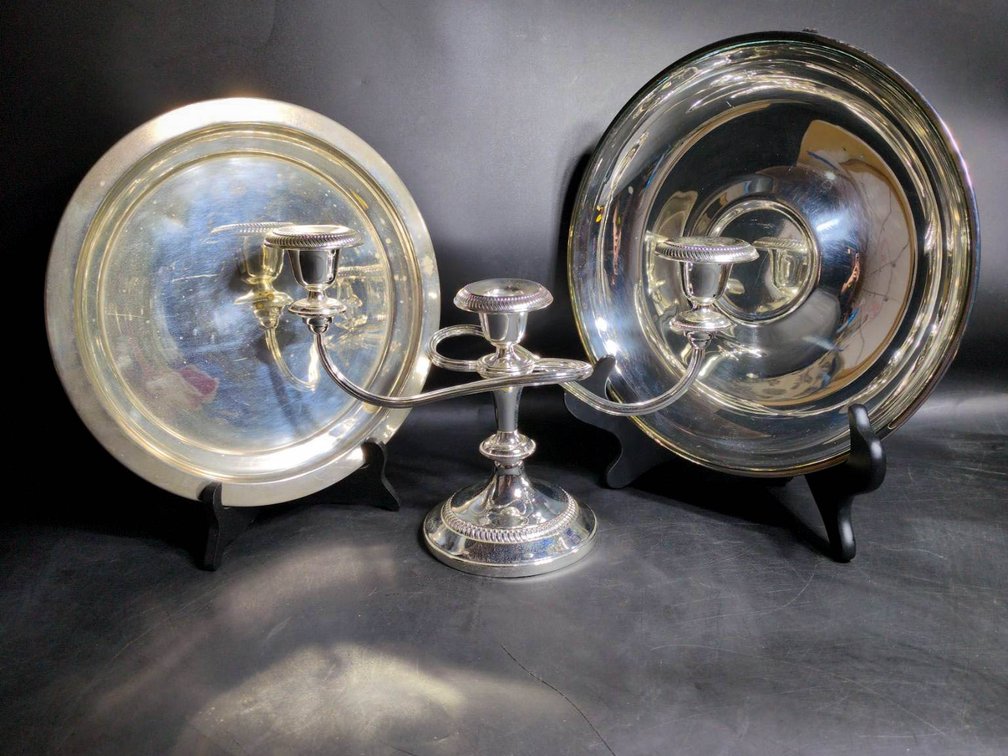 Silver-Plated Candelabra, Plate, and Serving Tray