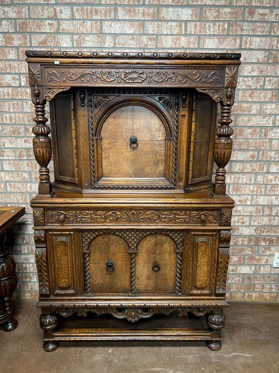 Ornate Wooden Cabinet with Carved Details, 65” x 40” x 17”