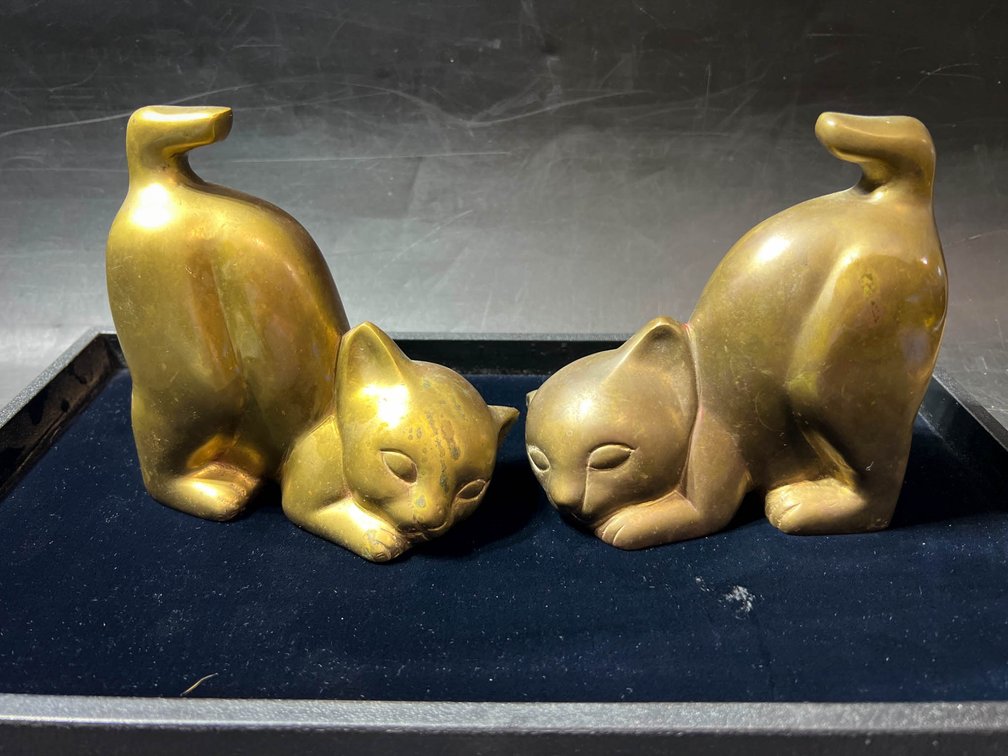 Solid Brass Cat Bookends with Polished Finish