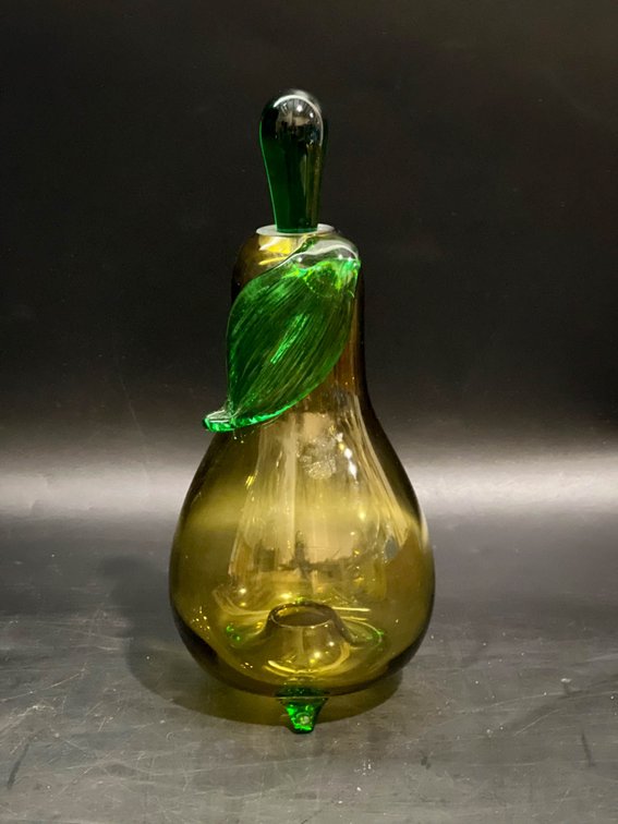 Handblown Green Glass Pear-Shaped Decanter with Leaf Accent