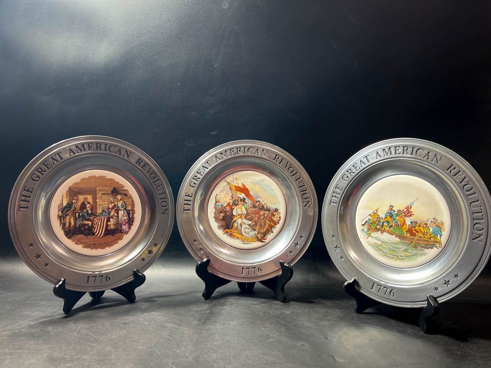 Three 1976 Limited-Edition Pewter Plates Featuring Great American Revolution Scenes