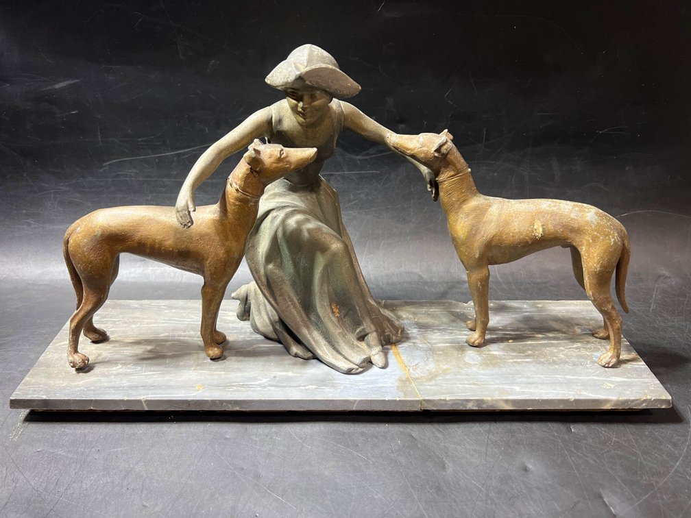 Art Deco-Style Statue of Woman with Two Dogs, Marked ‘France’, Metal and Stone