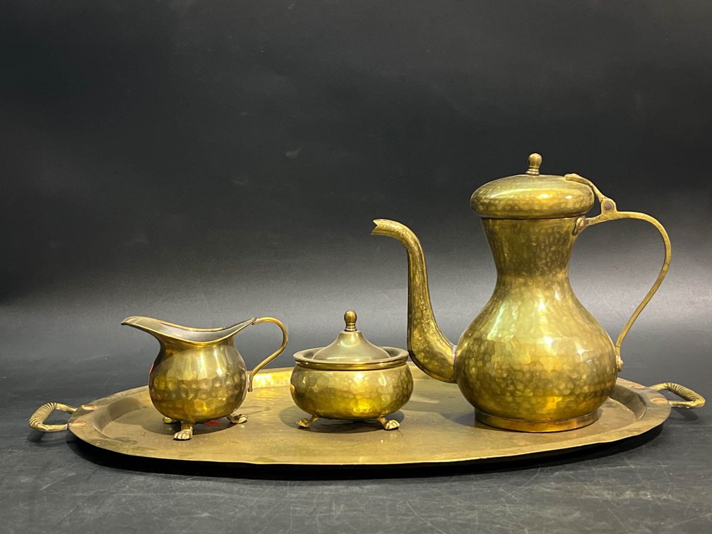 Hammered Brass Tea Set with Tray, Teapot 8”, Platter 17”
