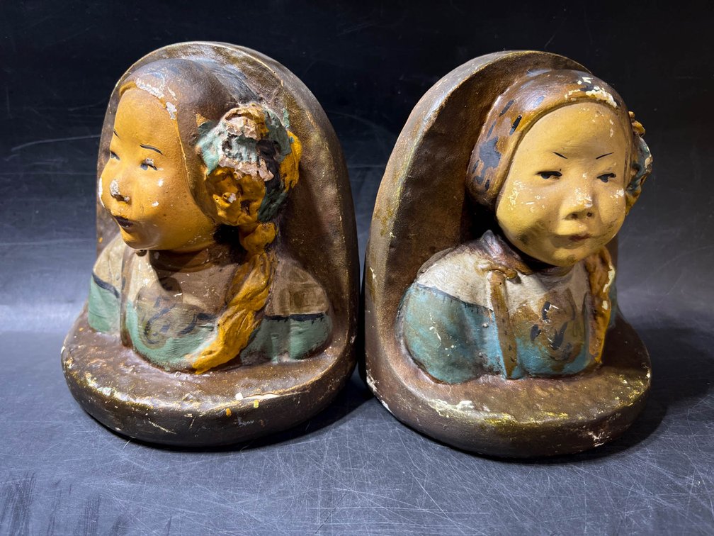 Vintage Figural Bookends Depicting Women with Braided Hair