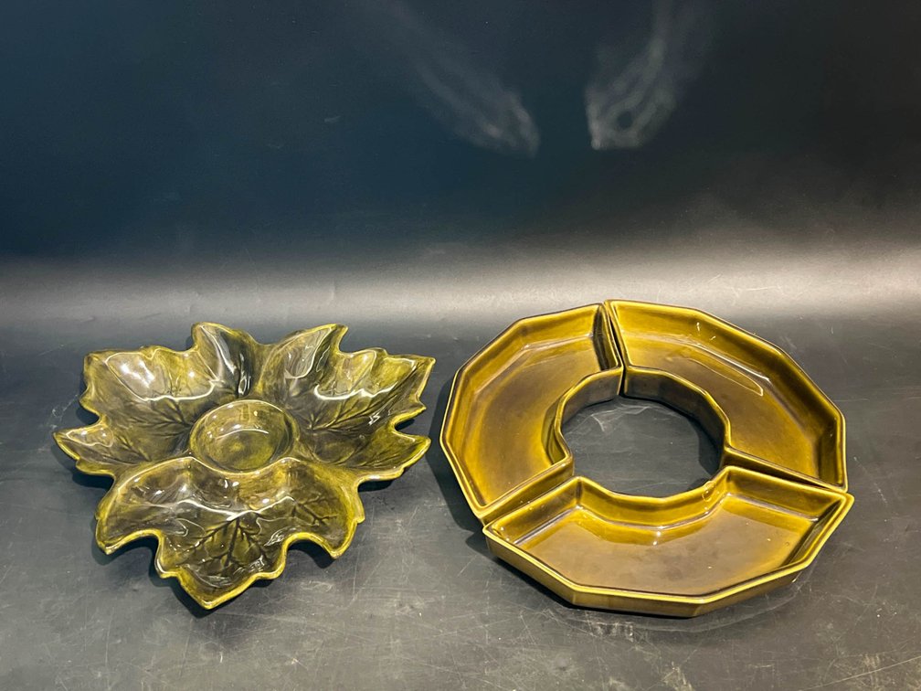 Hull Pottery Green Divided Dish and Leaf-Shaped Serving Bowl
