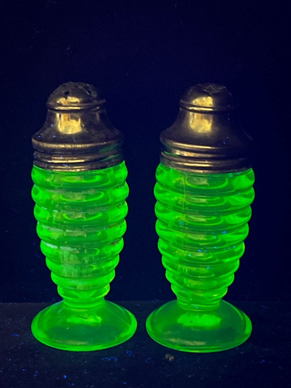 Green Uranium Glass Salt Shakers with Metal Lids