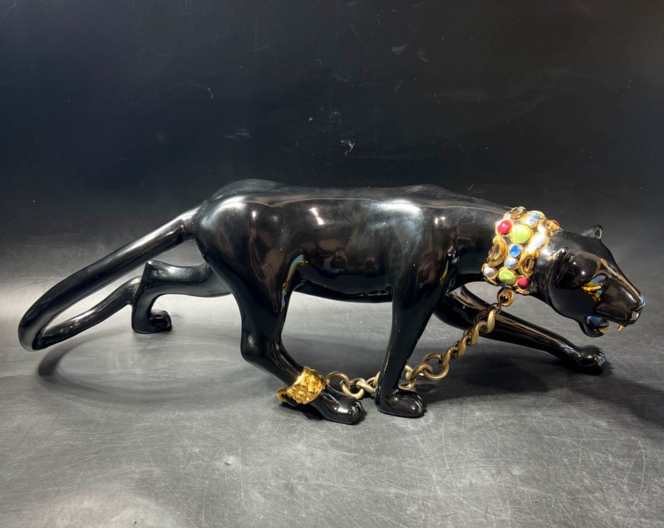 Black Ceramic Panther Figurine with Metal Chain and Decorative Collar, Made In Brayton, CA