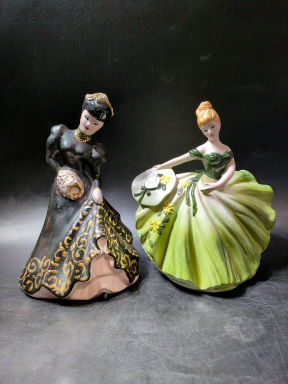 Hand-Painted Ceramic Figurine and Ceramic Planter in Victorian-Style Dresses
