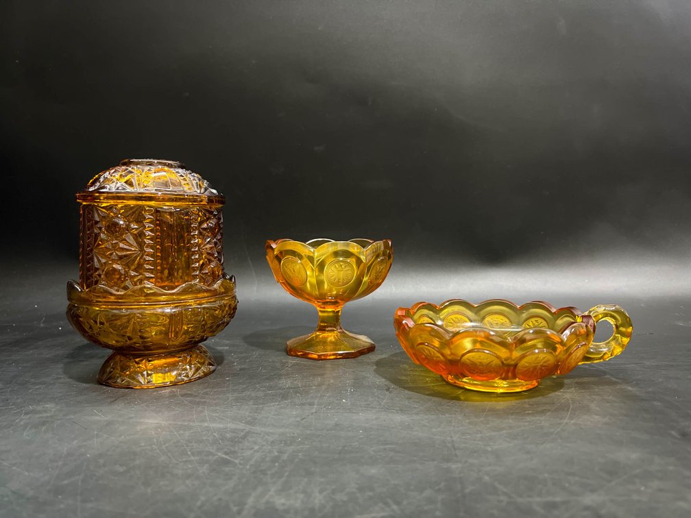 Amber-Colored Pressed Glass Tableware Set, 3 Pieces