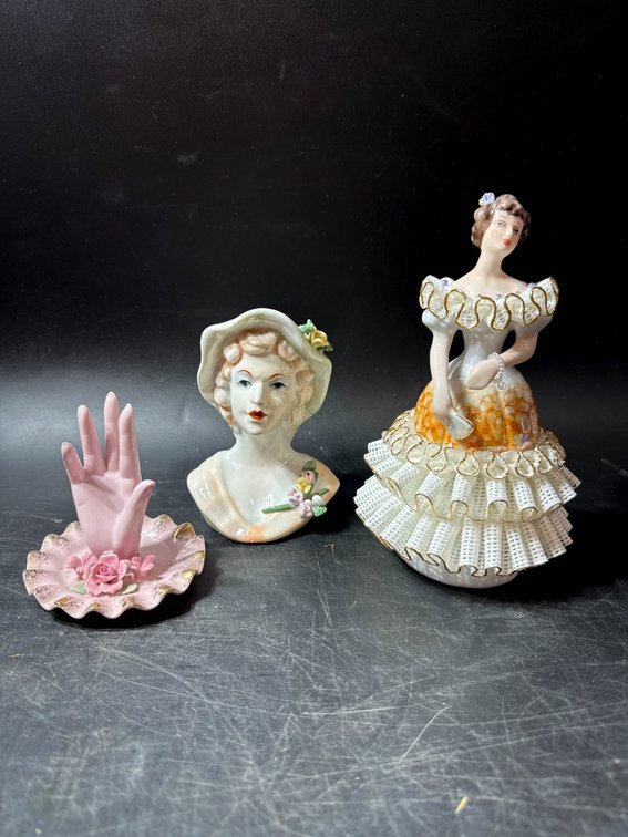 Three Ceramic Figurines Including Lady Bust, Dancing Lady, and Hand Dish