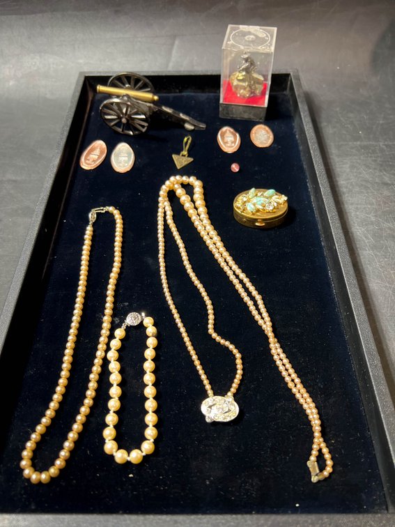 Jewelry and Collectibles with Pearl Strands, Locket, and Miniature Cannon