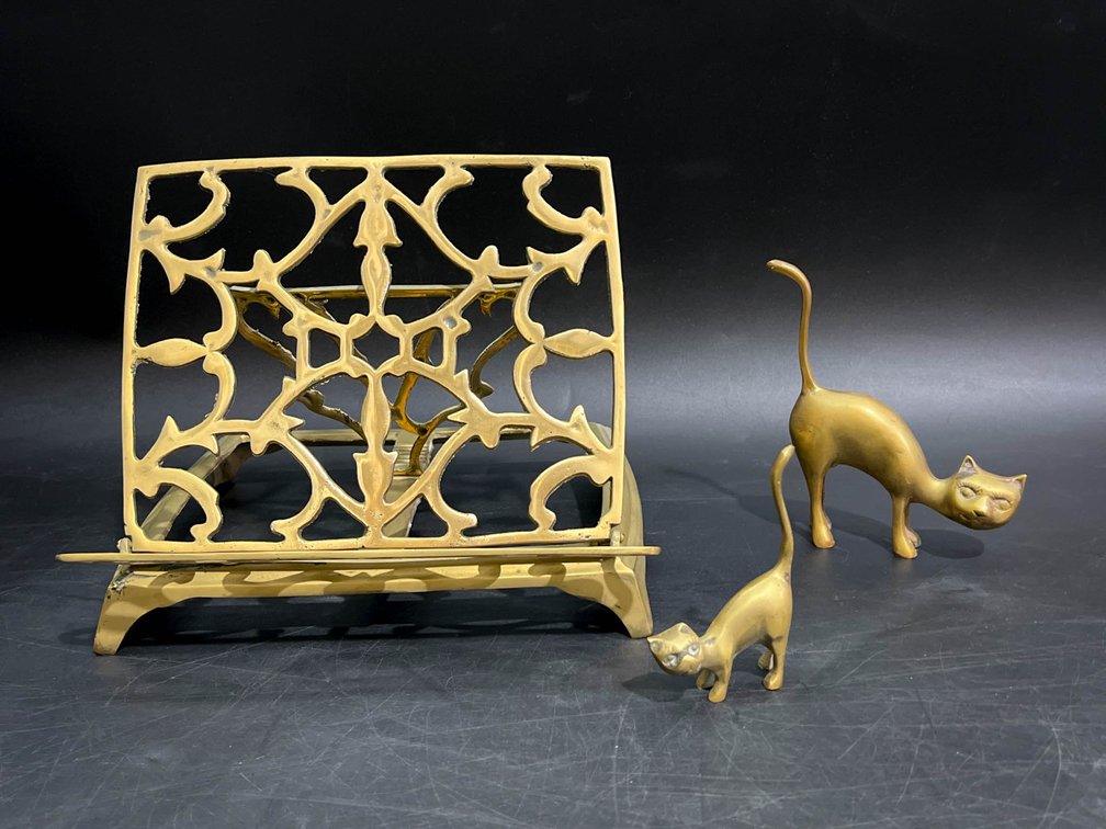 Brass Bookstand and Two Cat Figurines