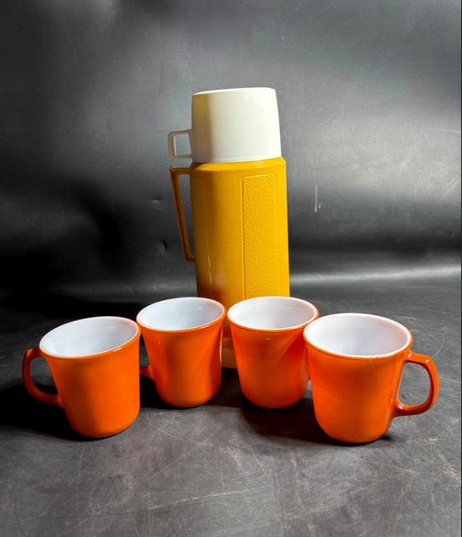 Vintage Thermos Brand Insulated Jug with Four Fire-King D Handle Mugs