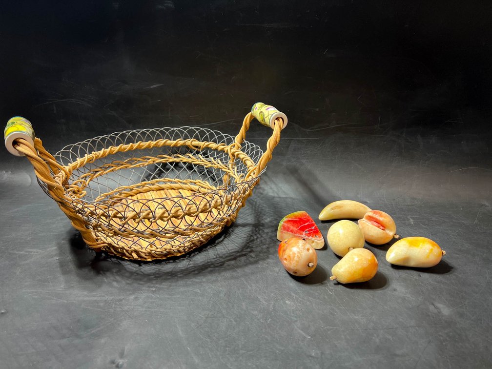 Wire Basket with Ceramic Handles and Alabaster Fruit Assortment