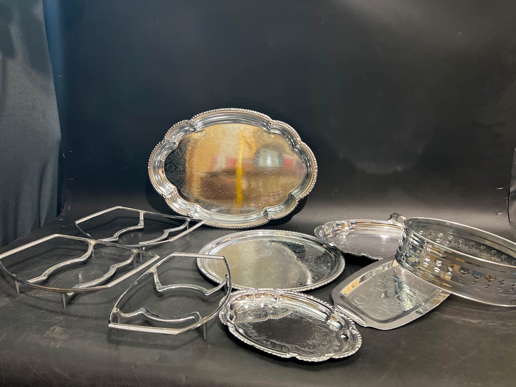Silver-Plated Serving Trays and Corning Ware Stand Set
