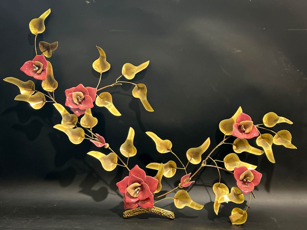 Metal Wall Sculpture With Pink Flowers and Gold Leaves, 26”x36”