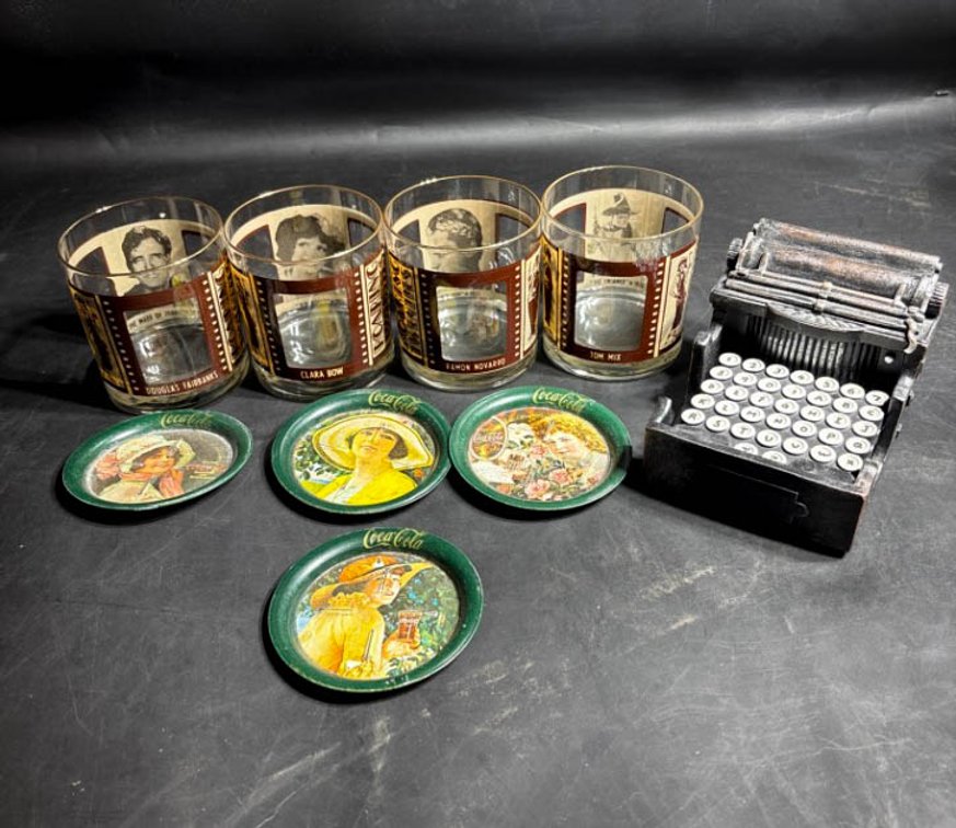 Coca-Cola Tin Trays, Roaring Twenties Glass Tumblers, and Vintage Typewriter Parts