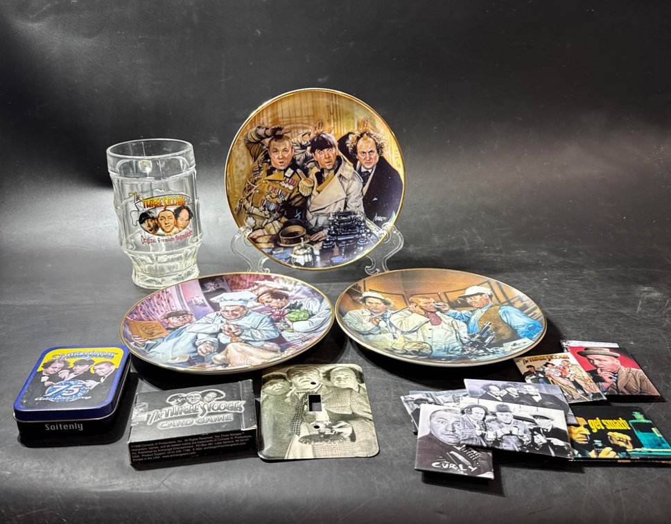 Three Stooges Collectible Memorabilia Set with Plates, Glass, and Accessories