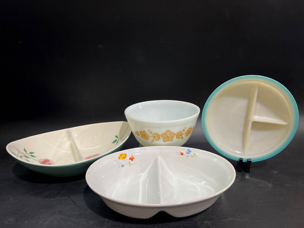 Four Divided Dishes and Bowls Featuring Hearthside, Iroquois, and Corning Designs