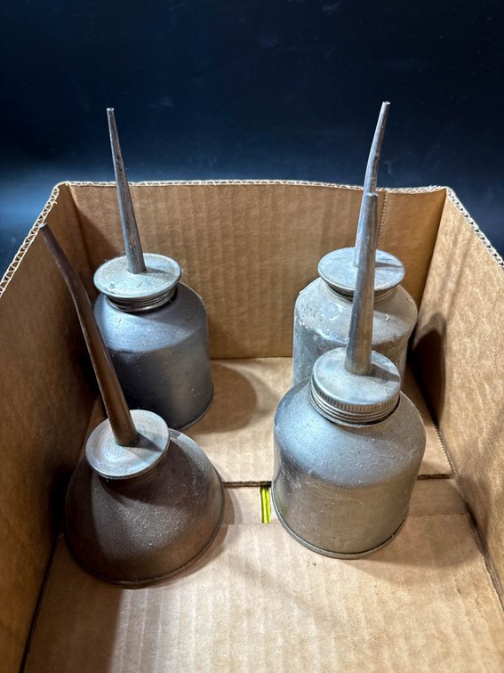 Four Vintage Metal Oil Cans with Long Spouts