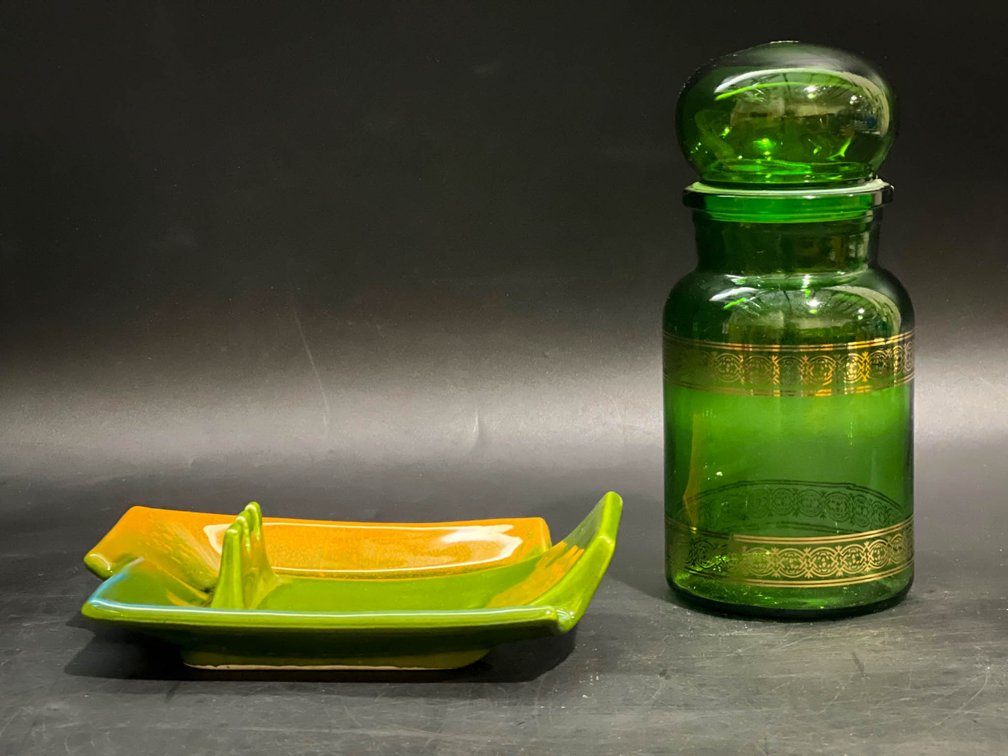 Green Glass Apothecary Jar and California Pottery Divided Dish